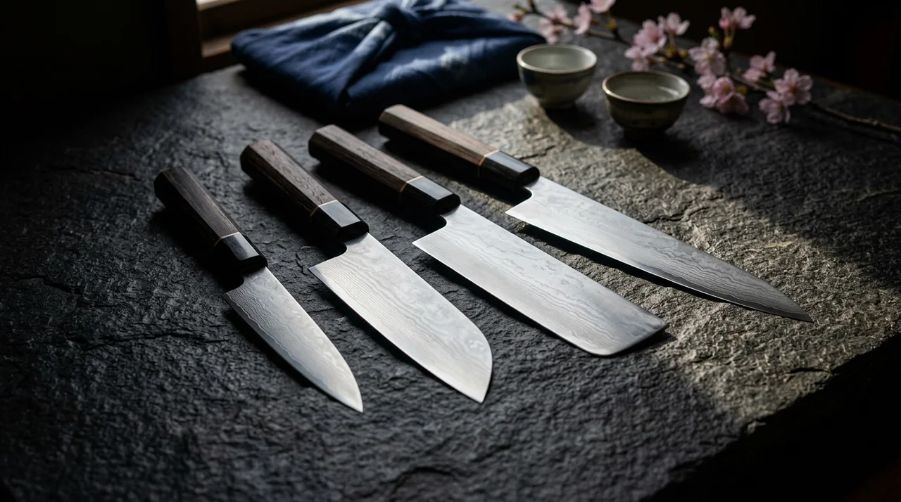 Cuatro cuchillos japoneses — Santoku, Nakiri, Petty y Gyuto — en abanico sobre superficie de piedra oscura