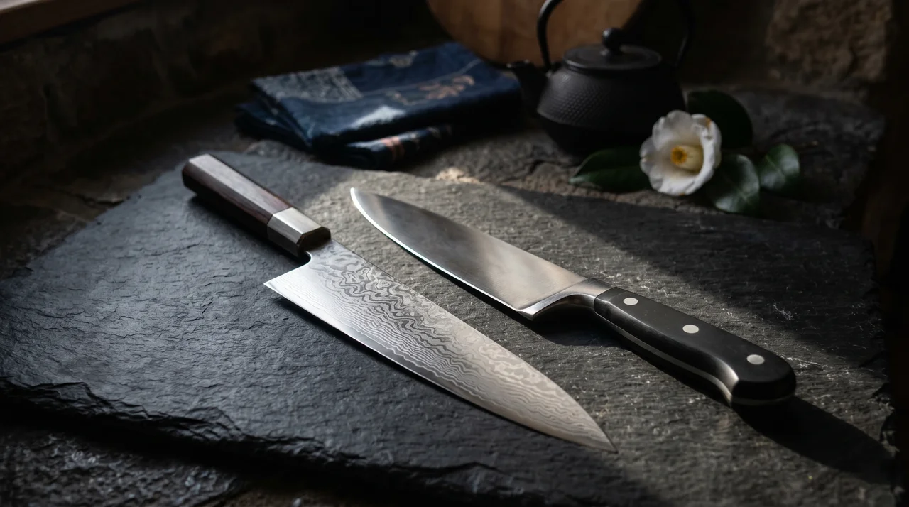Cuchillo japonés y cuchillo alemán enfrentados sobre superficie de piedra oscura