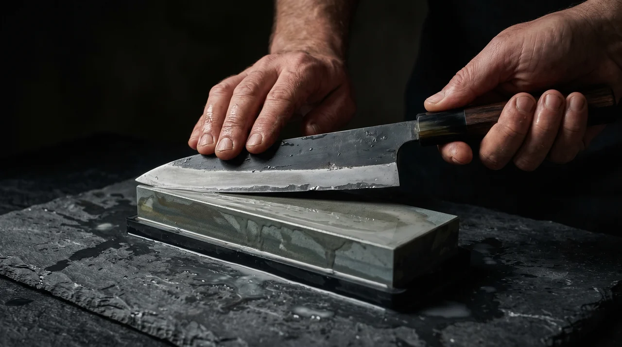 Dos manos afilando un cuchillo japonés sobre piedra mojada con ángulo incorrecto y filo con mellas visibles