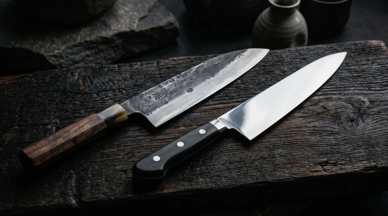 Cuchillo japonés artesanal junto a cuchillo industrial sobre tablón de madera oscura