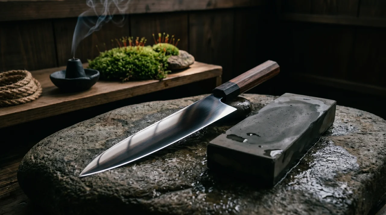 Cuchillo Gyuto japonés sobre losa de piedra de río húmeda junto a piedra de afilar rectangular con incensario y musgo al fondo