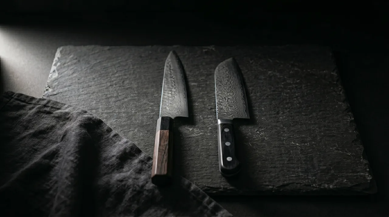 Cuchillo Gyuto y cuchillo Santoku sobre pizarra oscura, comparativa de forma y tamaño