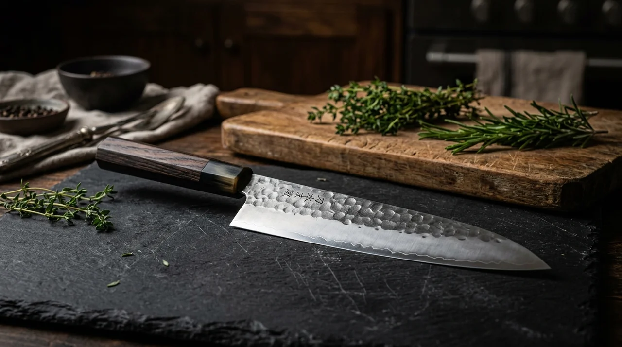 Cuchillo Gyuto japonés de hoja larga sobre superficie oscura con hierbas frescas y tabla de madera