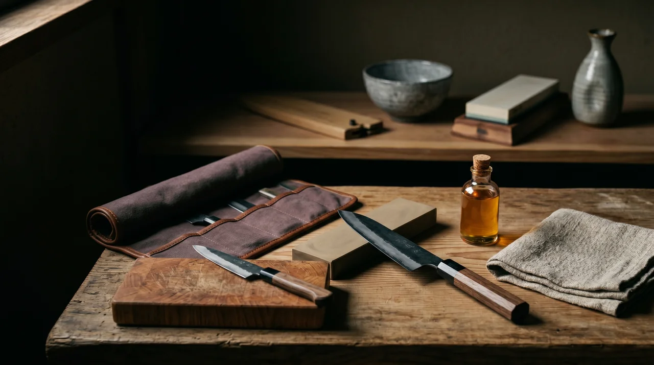 Kit de mantenimiento para cuchillos japoneses sobre tablón de hinoki envejecido: piedra de afilar, aceite de camelia, paño de lino y cuchillo japonés