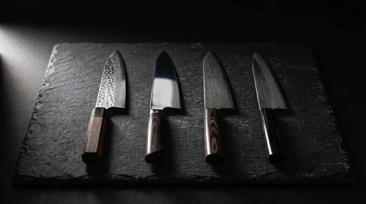 Cuatro cuchillos gyuto japoneses sobre pizarra oscura, cada uno con acabado y mango distinto