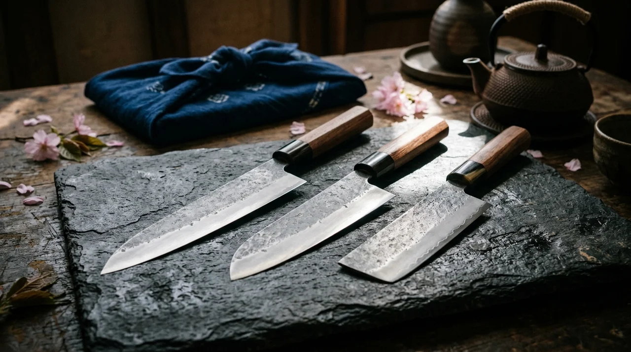 Selección de los mejores cuchillos japoneses calidad precio sobre superficie de piedra oscura
