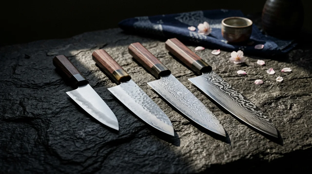 Cuatro cuchillos Gyuto japoneses de distintos tamaños en diagonal escalonada sobre superficie de piedra oscura