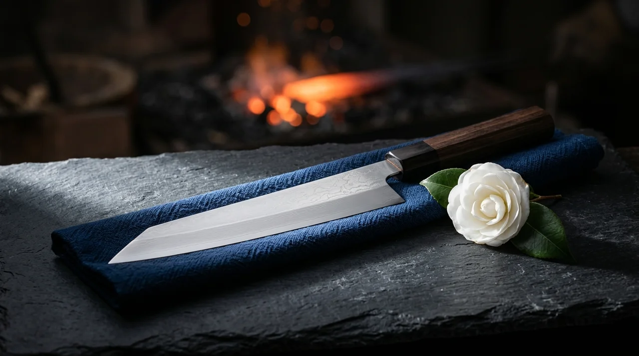 Cuchillo Kiritsuke japonés con punta en ángulo sobre superficie de granito oscuro con saya de madera y piedra de afilar al fondo