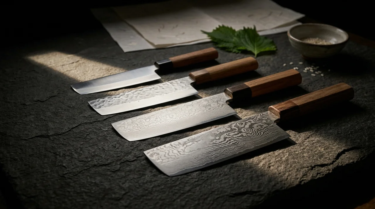 Cuatro cuchillos Nakiri japoneses con hojas rectangulares en diagonal escalonada sobre superficie de piedra oscura