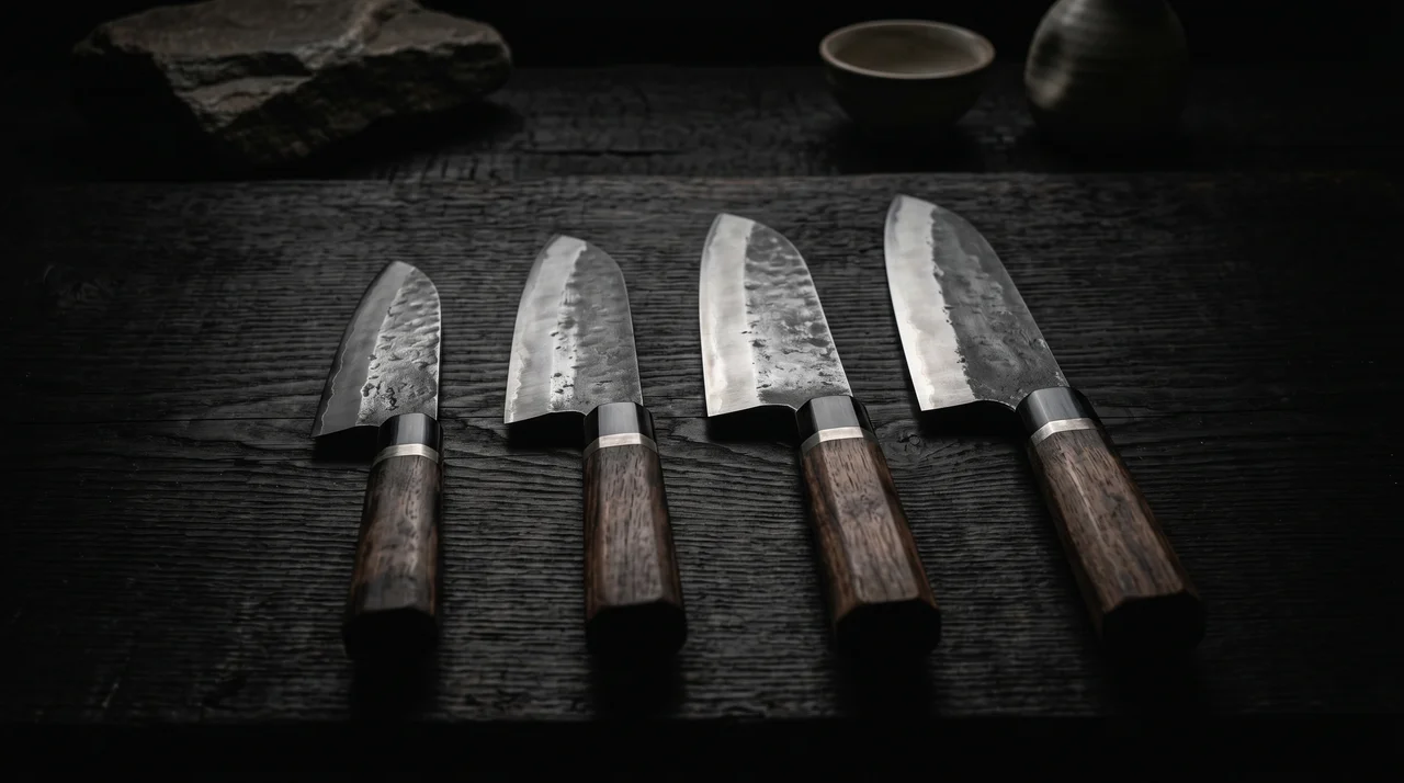 Cuatro cuchillos Santoku japoneses sobre tablón de madera oscura, ordenados por tamaño