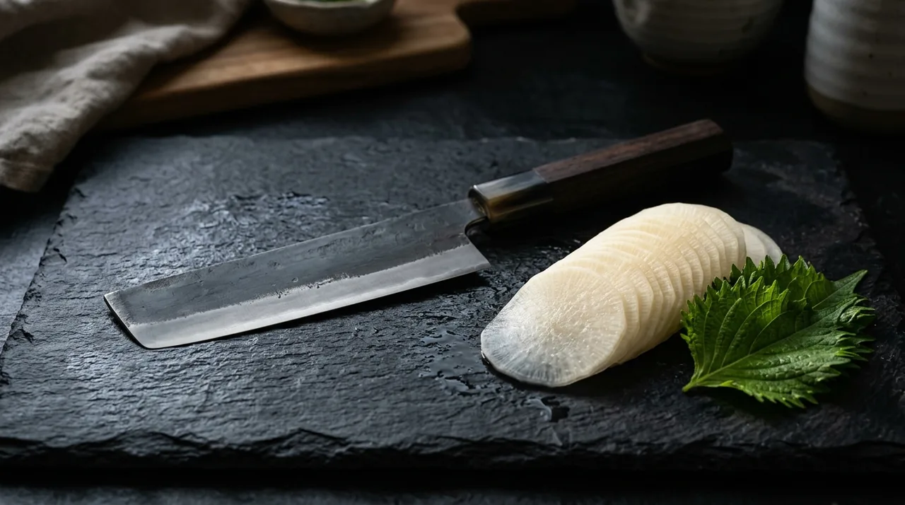 Cuchillo Nakiri japonés sobre pizarra oscura con rodajas de daikon y hoja de shiso