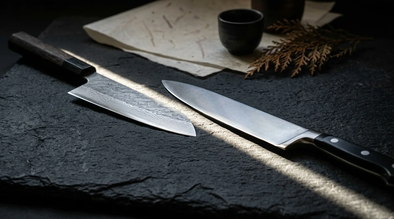 Cuchillo Santoku japonés y cuchillo de chef occidental enfrentados sobre superficie de piedra oscura
