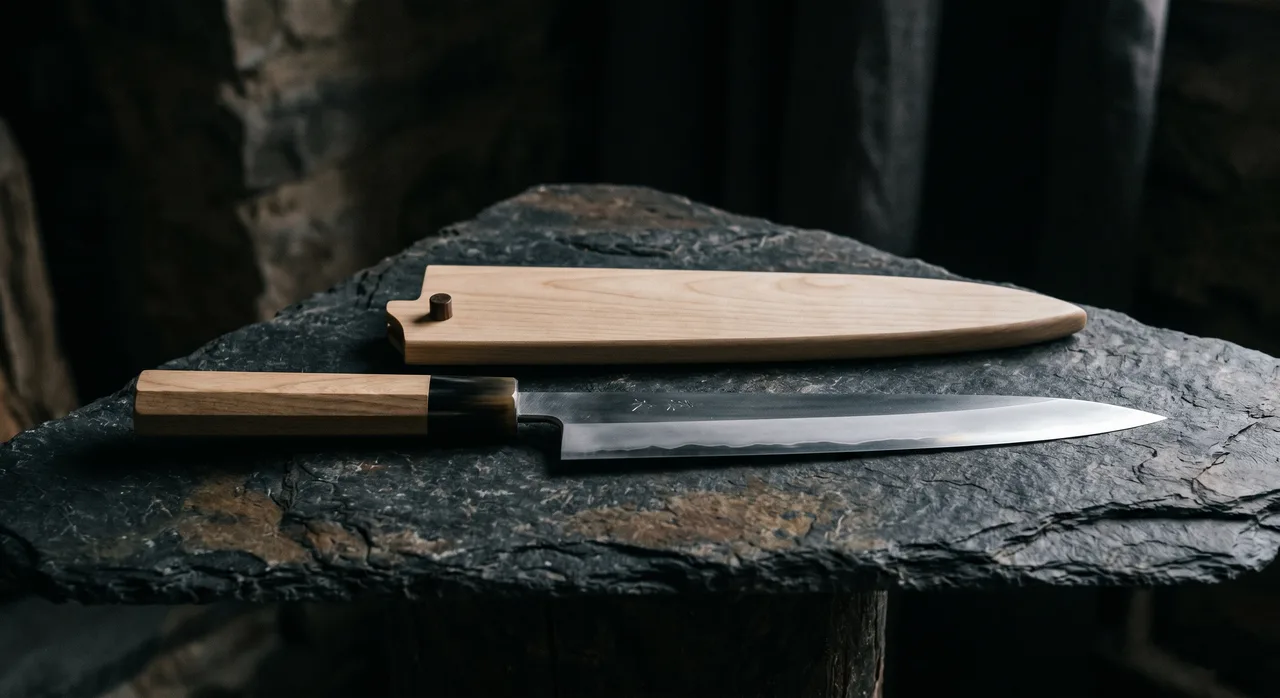 Saya de madera de magnolia junto a un cuchillo japonés Yanagiba sobre superficie oscura de pizarra