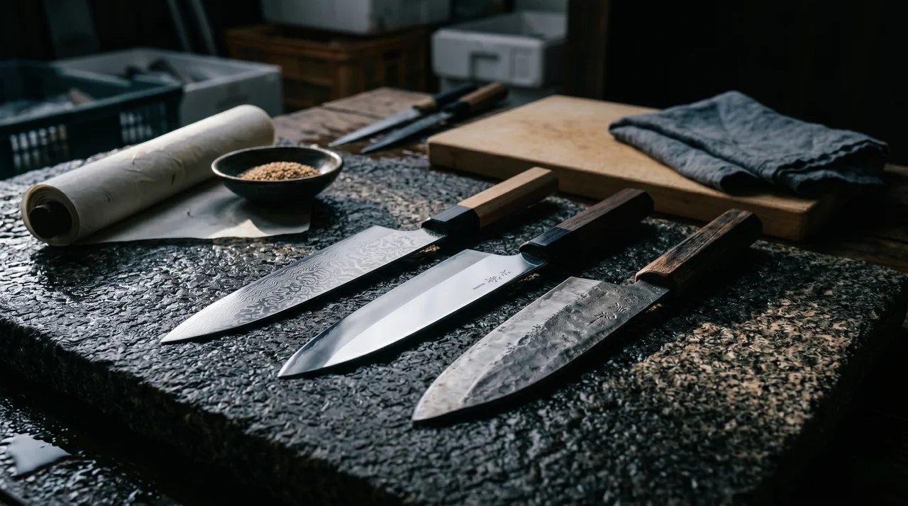 Tres cuchillos Gyuto japoneses — damasco, espejo y tsuchime — sobre granito oscuro con rollo de washi y cuenco de sésamo