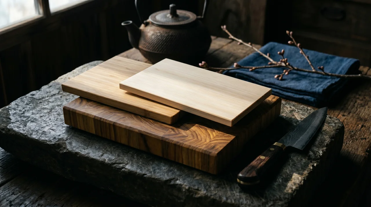 Tres tablas de corte de madera —teca end grain, bambú y hinoki— sobre piedra oscura con cuchillo japonés al lado