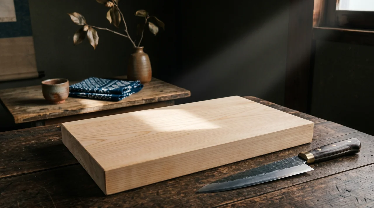 Tabla de hinoki con cuchillo japonés gyuto sobre superficie oscura con elementos japoneses en el fondo