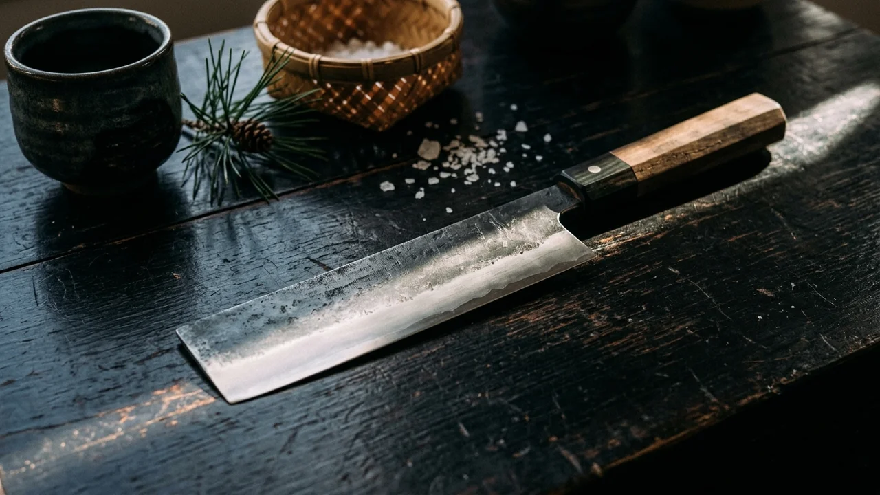 Cuchillo Usuba japonés sobre madera lacada negra con luz dramática lateral
