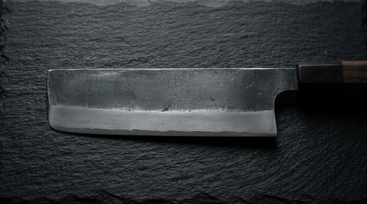 Vista cenital de la hoja rectangular de un cuchillo Nakiri sobre pizarra oscura, mostrando su perfil plano característico