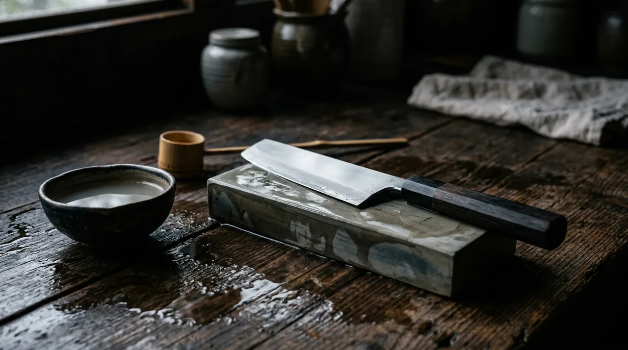 Cuchillo Nakiri apoyado sobre piedra de afilar mojada con cuenco de agua al lado, sobre mesa de madera rústica