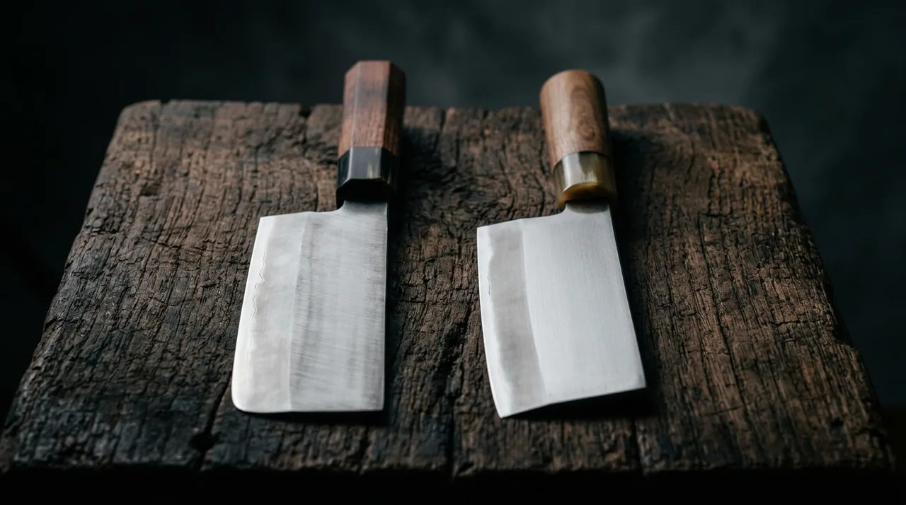 Nakiri y Usuba, dos cuchillos japoneses de verduras, colocados lado a lado sobre tabla de madera oscura