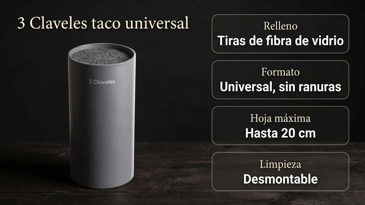 Ficha técnica del taco 3 Claveles modelo 1712: relleno de tiras de fibra de vidrio, formato universal sin ranuras, hojas de hasta 20 cm y desmontable