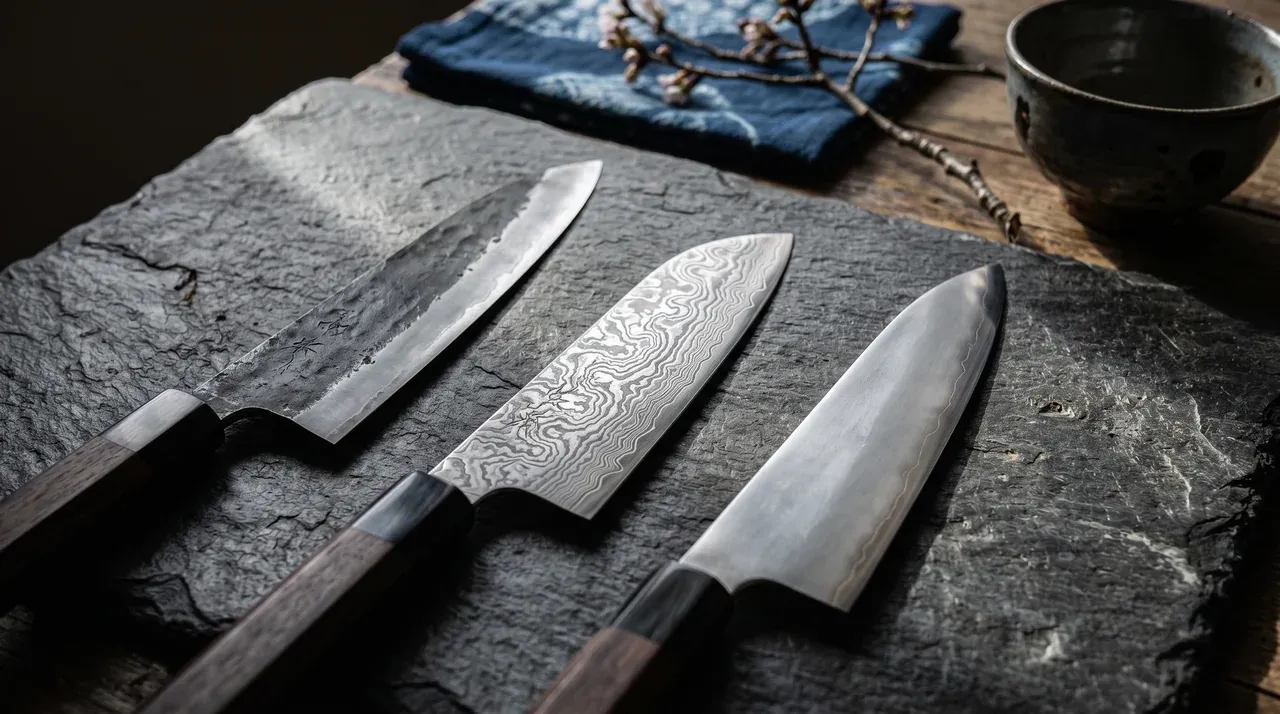 Tres cuchillos japoneses con acabados distintos sobre pizarra oscura: kurouchi rústico negro, damasco ondulado y kasumi brumoso