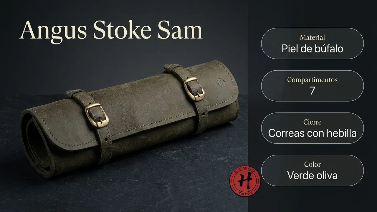 Ficha técnica del rollo Angus Stoke Sam: piel de búfalo verde oliva, 7 compartimentos y cierre de correas con hebilla