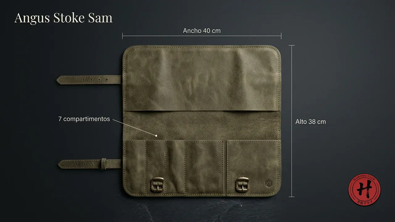 Medidas del rollo portacuchillos Angus Stoke Sam desplegado: 40 cm de ancho por 38 cm de alto, con 7 compartimentos de piel de búfalo verde oliva