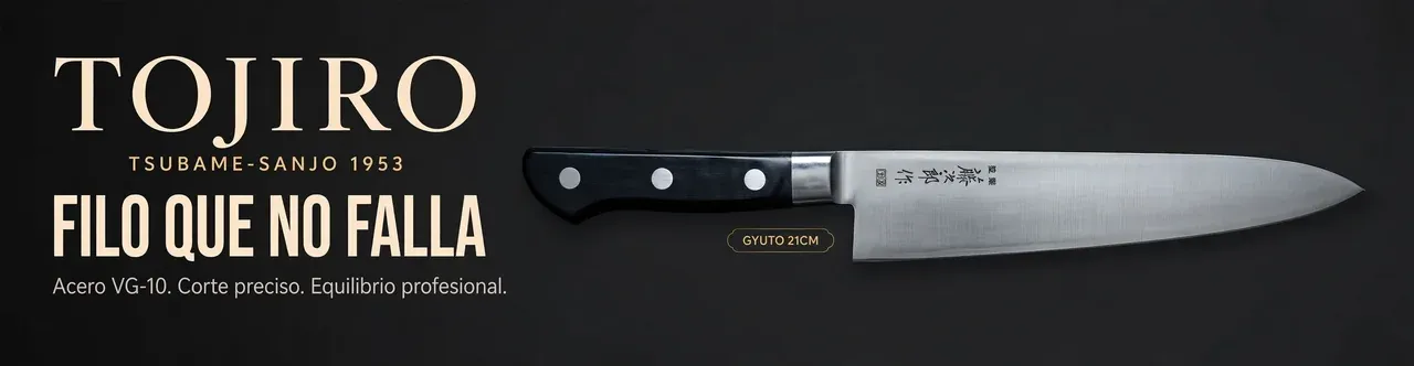 Cuchillos Tojiro: filo que no falla. Acero VG-10, gyuto de 21 cm, forjados en Tsubame-Sanjō desde 1953
