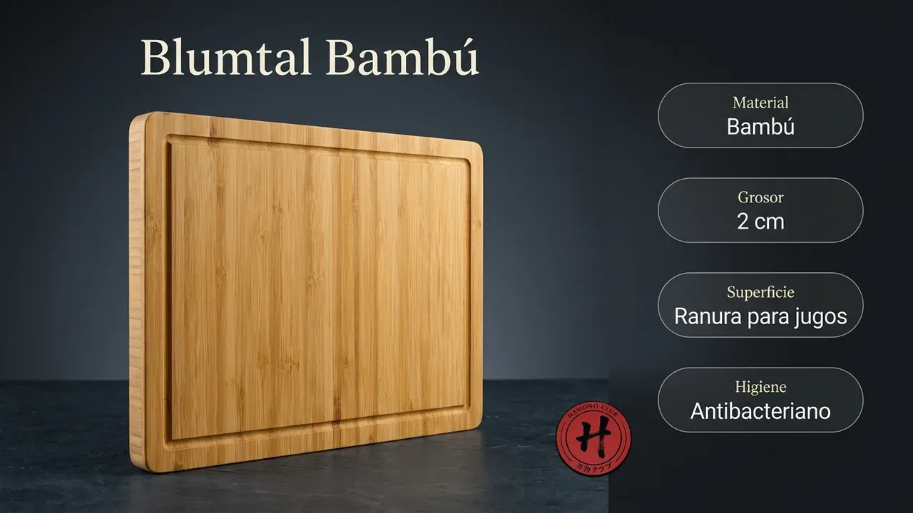 Ficha técnica de la tabla Blumtal de bambú: material bambú, 2 cm de grosor, ranura para jugos y superficie antibacteriana