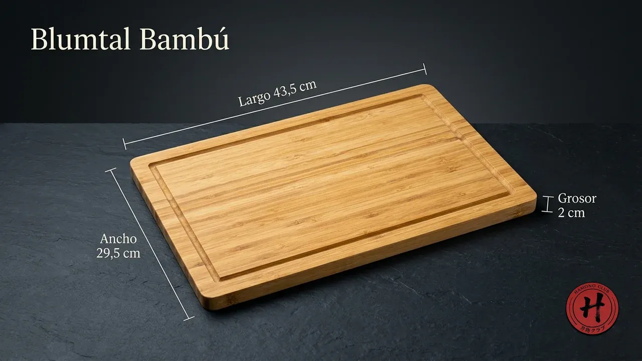 Medidas de la tabla de corte Blumtal de bambú: 43,5 cm de largo, 29,5 cm de ancho y 2 cm de grosor, con ranura perimetral para jugos