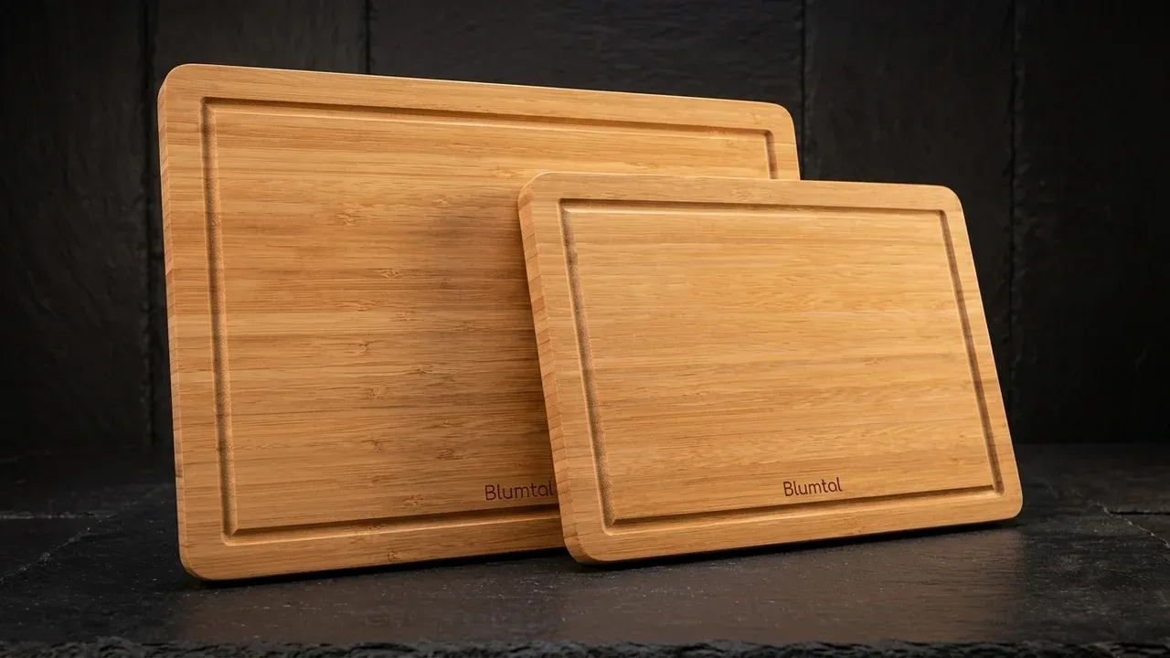 Las dos tablas de corte de bambú Blumtal de distinto tamaño apoyadas juntas, mostrando la veta del bambú