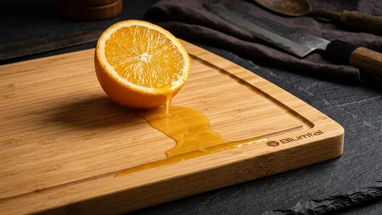 Detalle de la ranura recogejugos de la tabla de bambú Blumtal con una naranja cortada escurriendo su zumo