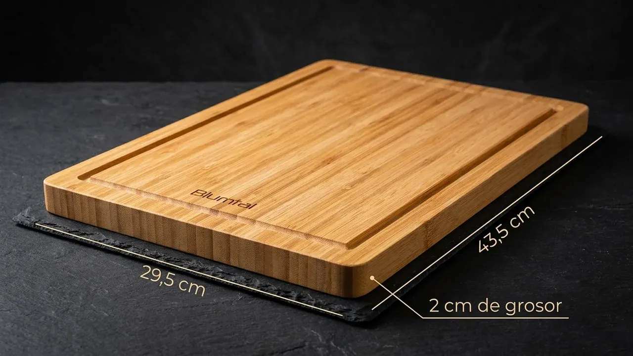 Tabla de corte Blumtal de bambú con sus medidas: 45 cm de largo, 30 cm de ancho y 2 cm de grosor, con ranura para jugos