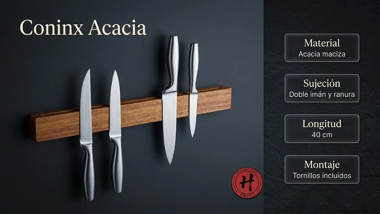 Ficha técnica de la barra magnética Coninx de acacia maciza: doble sujeción por imán y ranura, 40 cm de largo y tornillos de montaje incluidos