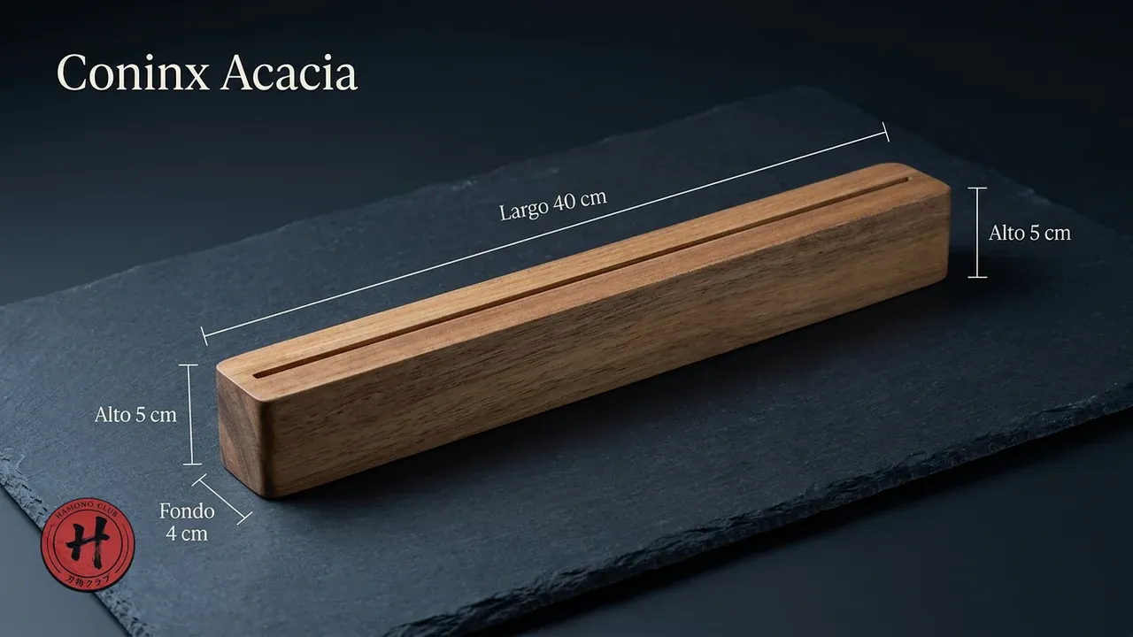 Medidas de la barra magnética Coninx de madera de acacia: 40 cm de largo, 5 cm de alto y 4 cm de fondo