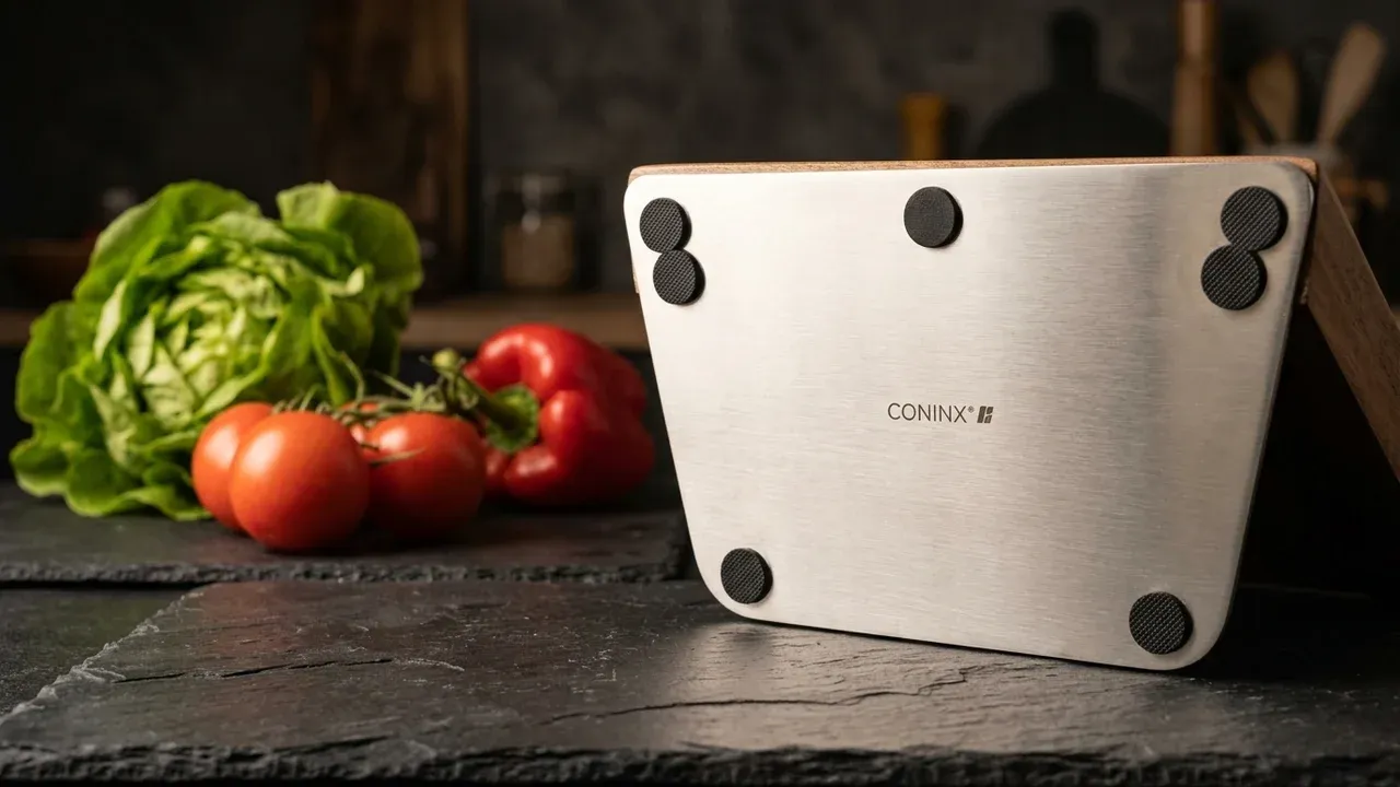 Base de acero inoxidable del bloque magnético Coninx con sus tacos de goma antideslizantes