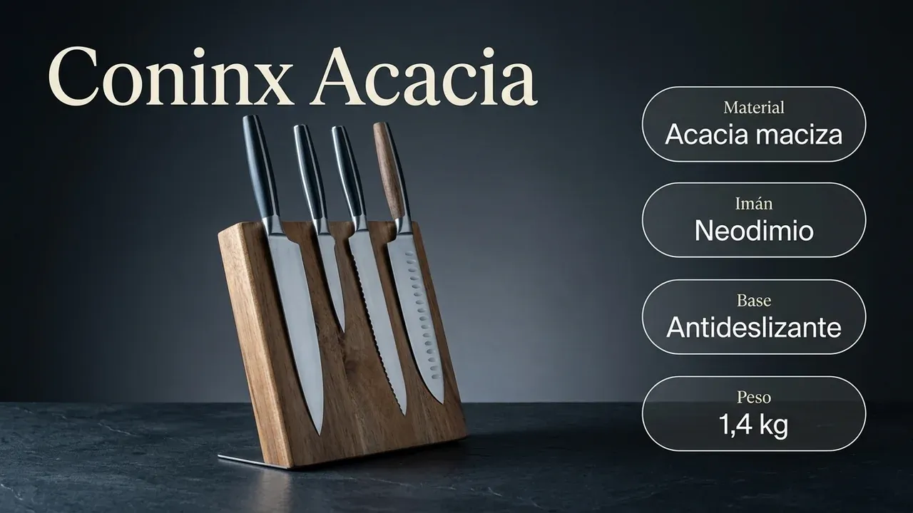 Ficha técnica del bloque magnético Coninx de acacia maciza: imán de neodimio, base antideslizante y 1,4 kg de peso