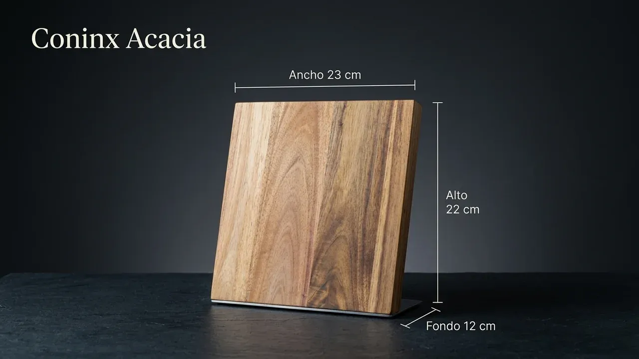 Medidas del bloque magnético Coninx de madera de acacia: 23 cm de ancho, 22 cm de alto y 12 cm de fondo