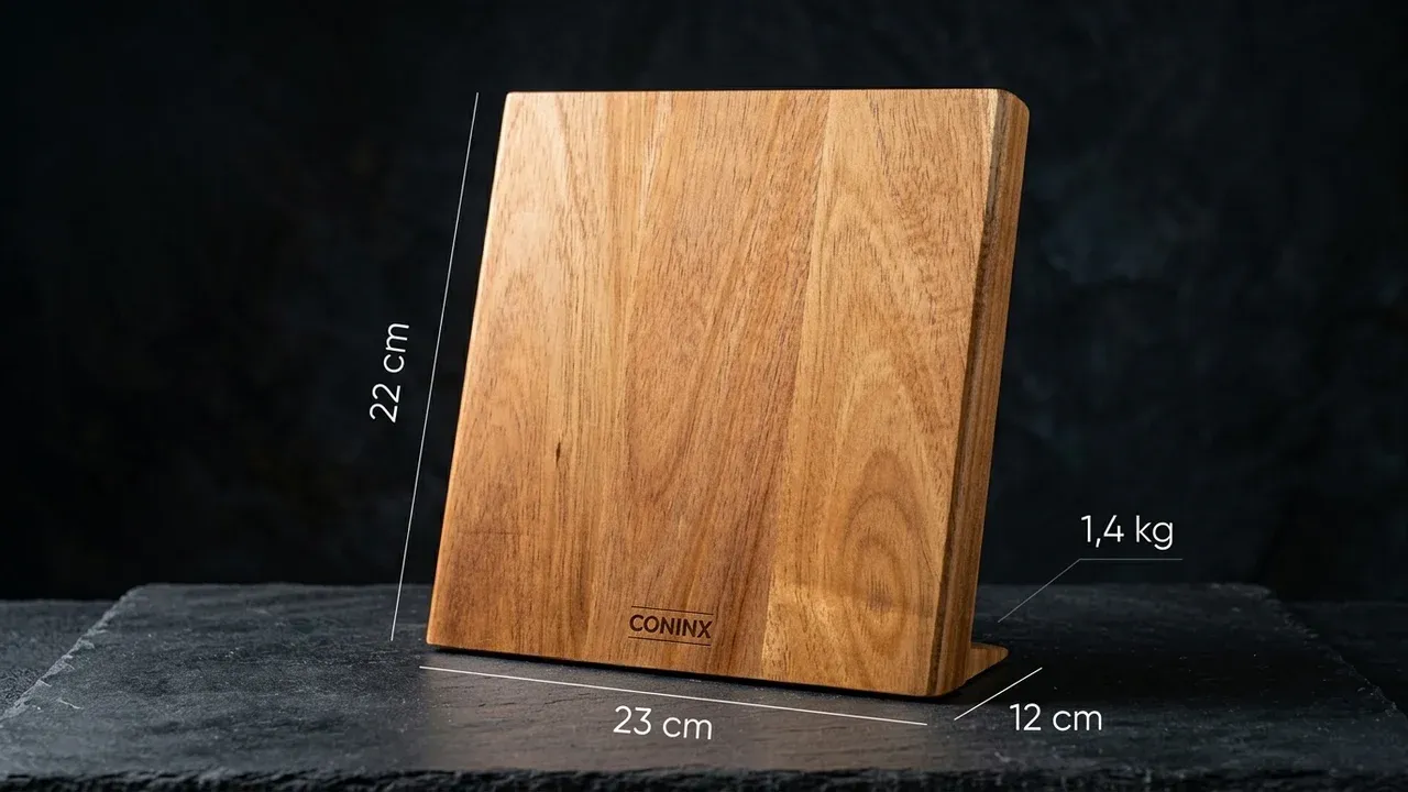 Bloque magnético Coninx de madera de acacia con sus medidas: 22 cm de alto, 23 cm de ancho, 12 cm de fondo y 1,4 kg