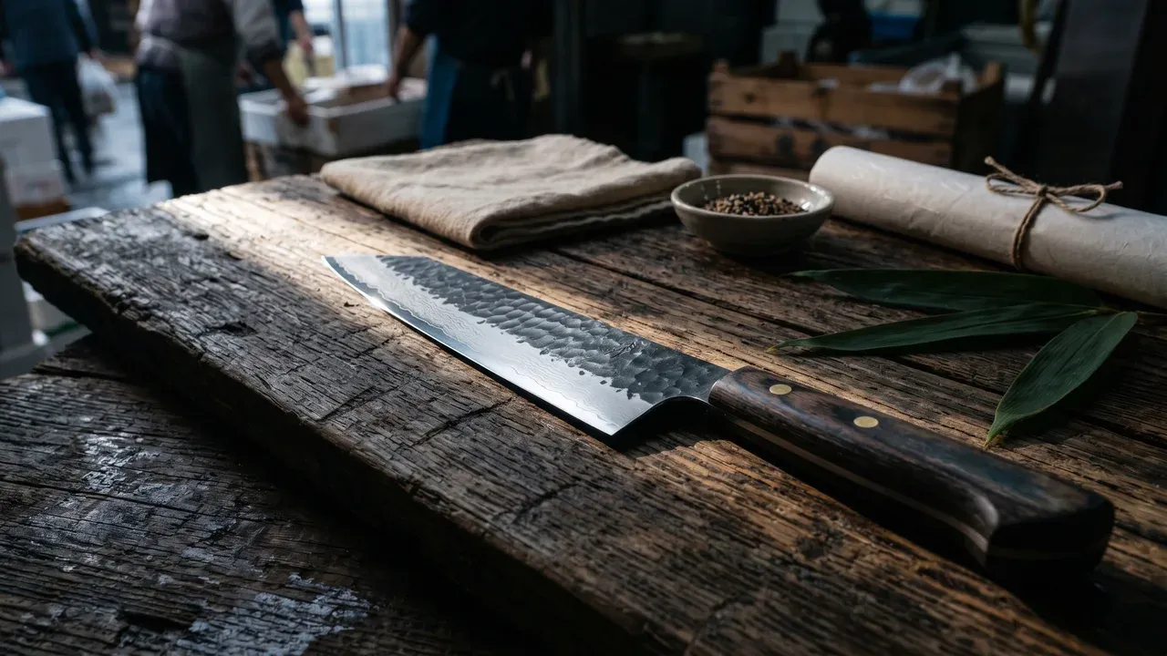 Cuchillo Bunka japonés Suncraft sobre tablón de hinoki con props japoneses