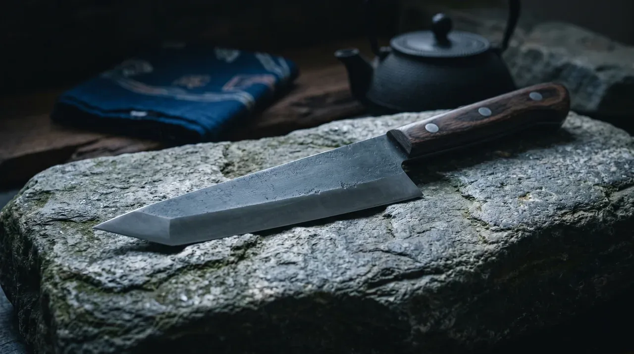 Cuchillo Honesuki japonés Tojiro de hoja triangular sobre pizarra oscura con props japoneses