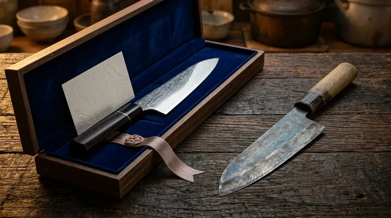 Cuchillo japonés de gama alta sobre superficie de mármol oscuro con iluminación dramática