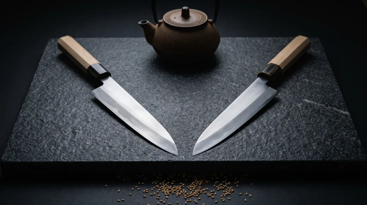 Cuchillo japonés monobisel para zurdos sobre tabla de madera oscura, con la cara plana de la hoja orientada hacia la izquierda