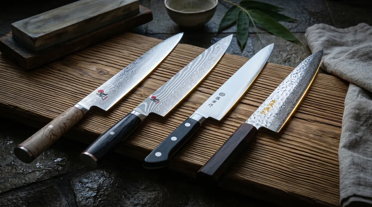 Cuchillo Sujihiki japonés de hoja larga y estrecha sobre pizarra oscura, junto a lonchas finas de carne roja