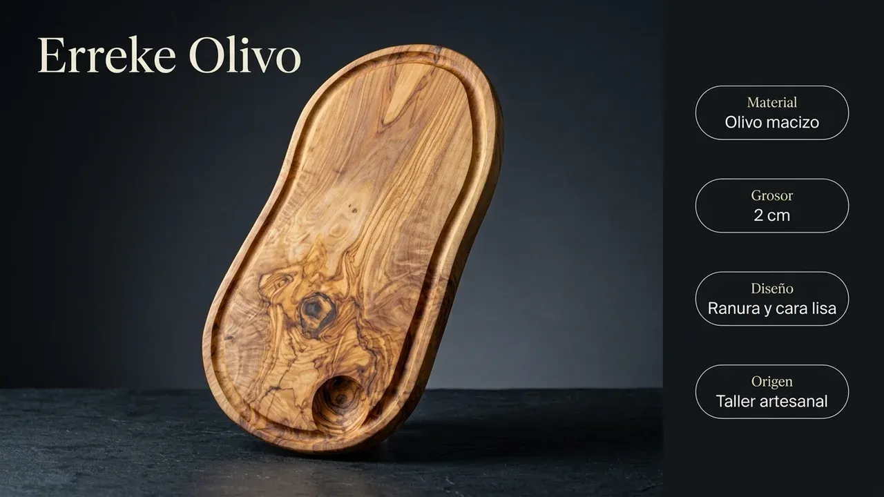 Ficha técnica de la tabla Erreke de olivo macizo: 2 cm de grosor, cara con ranura para cortar y cara lisa para servir, hecha en taller artesanal