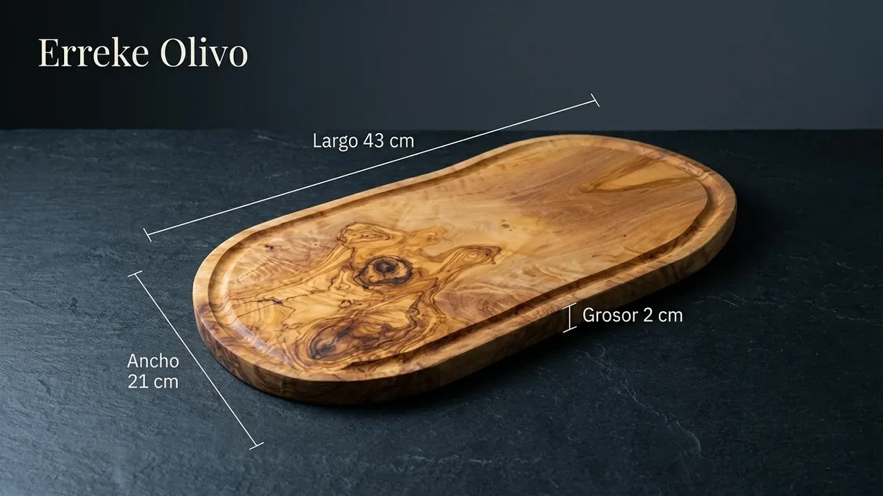 Medidas de la tabla de olivo Erreke: 43 cm de largo, 21 cm de ancho y 2 cm de grosor, con forma ovalada natural y ranura perimetral