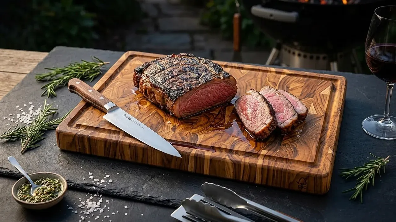 Tabla de teca Erreke con un roast beef cortado y el jugo recogiéndose en la ranura perimetral