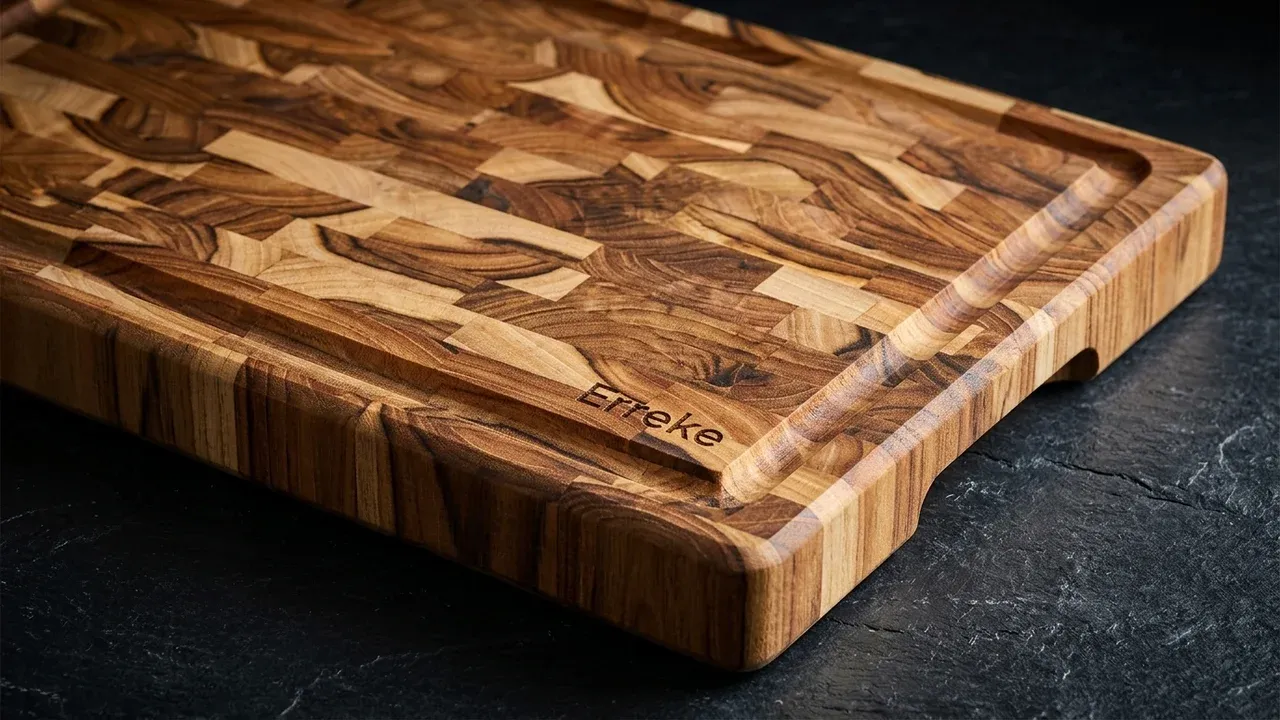 Detalle del patrón de veta testa (end grain) de la tabla de teca Erreke, un mosaico de bloques de madera