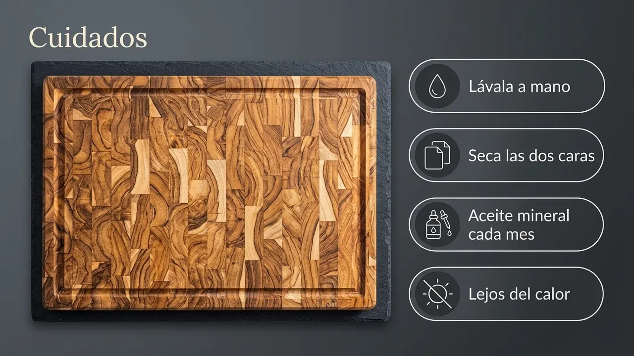 Cuidados de la tabla de teca Erreke end grain: lavar a mano, secar las dos caras, aceite mineral cada mes y mantenerla lejos del calor